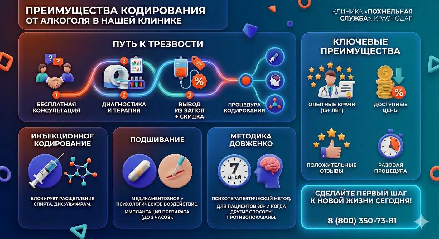 Инфографика о методах кодирования от алкоголя в Нижних Сергах: инъекции, подшивание, метод Довженко. Преимущества клиники и этапы лечения.