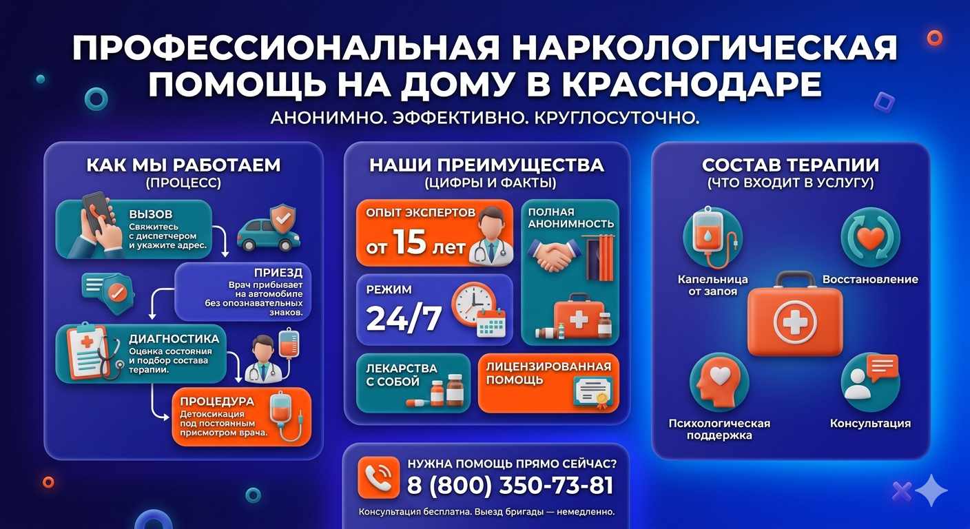 Инфографика о принципах лечения алкоголизма на дому в Нижних Сергах: этапы вызова нарколога, преимущества анонимной детоксикации и состав медицинской помощи.